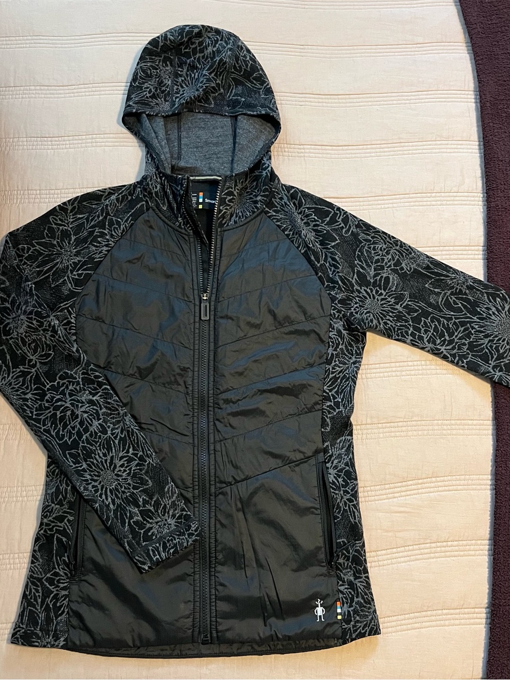 Smartwool Black Floral Hybrid Hooded Jacket Merino Wool Nylon Outdoor